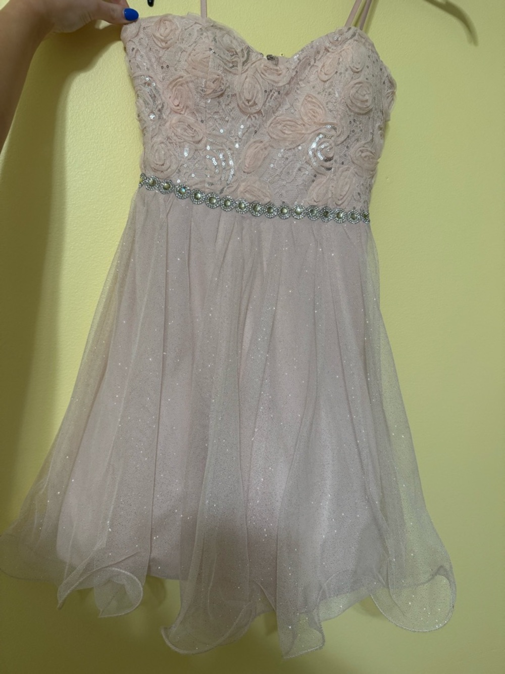 Strapless Blush Pink Sequin Rose Junior’s Party Dress